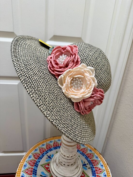 Elegant Women\'s Tweed Sun Hat With Satin Flowers And Pearls Wedding Tea Party main image 12